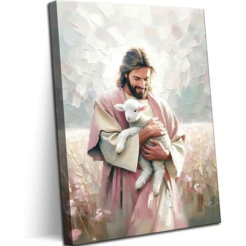 Jesus Embraces Lamb Canvas Wall Art The Lost Lamb Wall Decor Bible Stories Jesus Lamb Painting Picture God Leaving 99 Sheep Poster Prints for Bedroom Prayer Room Church Home Decoration 12X16