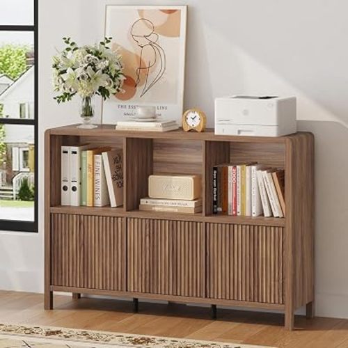 FATORRI 6 Horizontal Bookcase with 3 Doors, Low Farmhouse Cube Storage Organizer, Wood Bookshelf for Home Office, Bedroom, Living Room (Walnut)