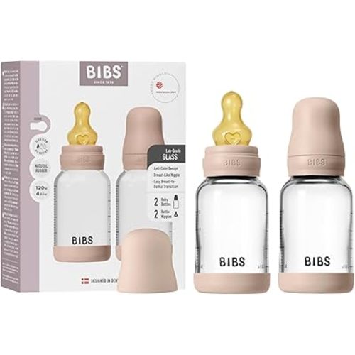 BIBS Glass Baby Bottles 2-Pack, 4 Oz. Anti-Colic System for Gas Reduction. Vented Round Natural Rubber Latex Nipple. Supports Infant and Newborn Breastfeeding - 120 ml (Pack of 2), Blush
