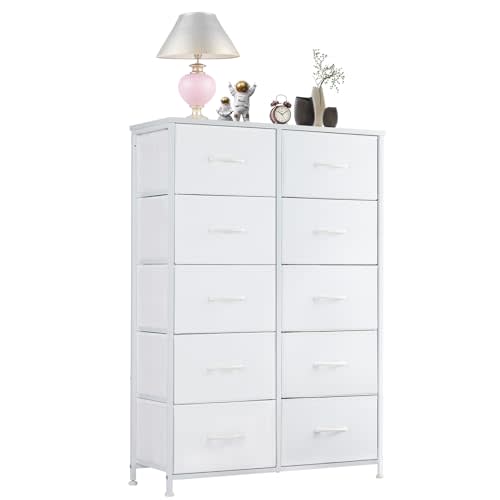 Dresser, Dresser for Bedroom Furniture, Storage Drawers, Fabric Storage Tower with 10 Drawers, Chest of Drawers with Steel Frame, Wooden Top for Kids Room, Closet, Entryway, Nursery