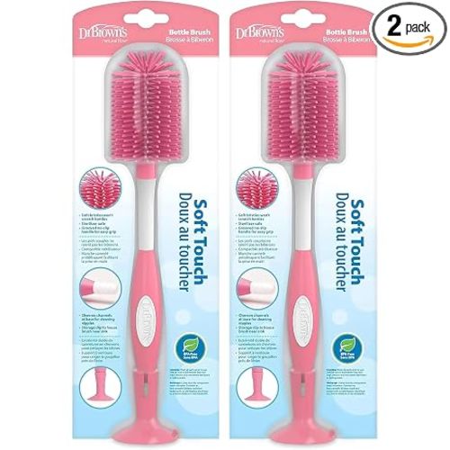 Dr. Brown's Soft Touch No Scratch Baby Bottle Cleaning Brush Nipple Cleaner with Stand and Storage Clip, BPA Free, Pink (Pack of 2)