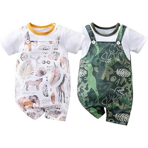 2-Pack Baby Boys Girls Romper Newborn Cartoon Print Short Sleeve Onesie Summer Clothes