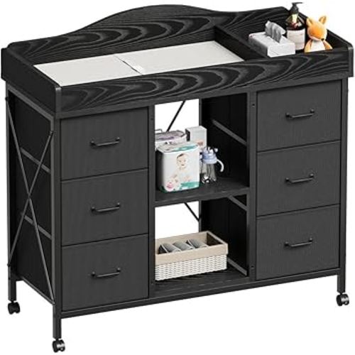 Changing Table, 6-Drawer Baby Dresser with Changing Table top,Waterproof Diaper Changing Station & Pad, 2 Height-Adjustable Open Storage Shelves, Mobile Nursery Organizer, Black