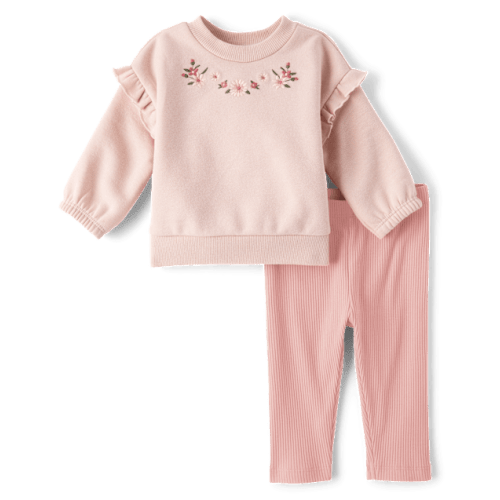 Baby Girls Embroidered Floral 2-Piece Playwear Set - Pink