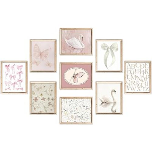 Pink Wall Decor Paintings Set Of 9,Pink Bathroom Wall Art,Cute Preppy Bow Swan Posters Prints Pictures For Bathroom Girls Room Baby Girl Bedroom Dorm Nursery 8x10 Inch Unframed