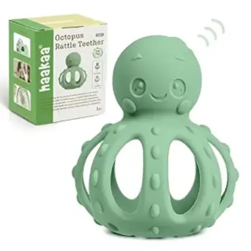 haakaa 2-in-1 Baby Teething Toy,Octopus Teether with Gentle Rattle,Soft Textured Teether for Sore Gums,Easy to Grasp Sensory Toy for Babies 3M+,Pea Green