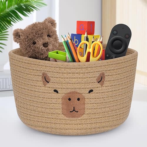 Capybara Storage Basket, Round Cotton Rope Basket with Handle, Woven Toy Basket for Storage, Animal Baby Laundry Basket Nursery Basket Organizer for Gift Plant Cat Dog Toy