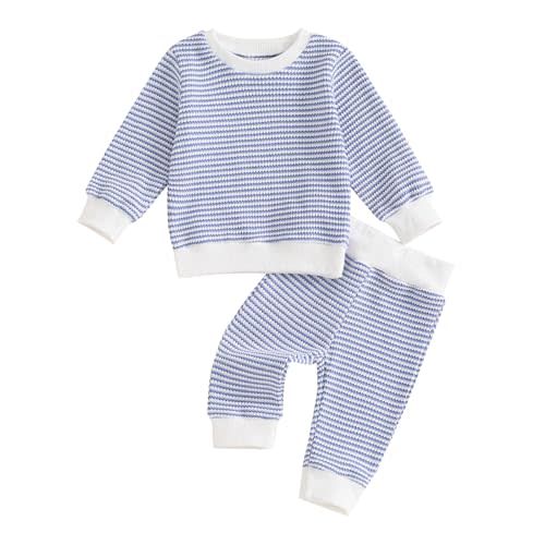 Baby Boy Fall Clothes Set Long Sleeve Crewneck Sweatshirts Pants Infant Newborn Waffle Stripe Outfits 6 12 18 24 Months