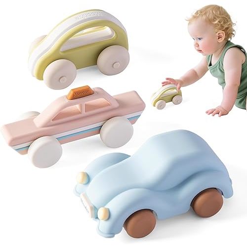 Moonkie Food-Grade Silicone Toy Cars for Toddlers 6M+ | Push & Go Baby Vehicles | One-Piece Safe Design, Easy to Clean & Grasp | Perfect 1st Birthday Gift | 3-Pack