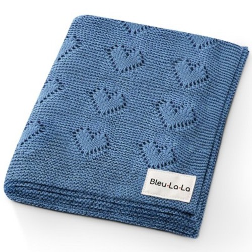 Bleu La La 100% Luxury Cotton Heart Knit Swaddle Blanket for Blanket for Newborn and Infant Boys and Girls - Denim Blue