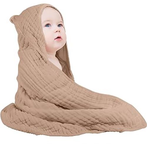 Yoofoss Hooded Baby Towels for Newborn 100% Muslin Cotton Baby Bath Towel with Hood for Babies, Infant, Toddler and Kids, Large 32x32Inch, Soft and Absorbent Newborn Essential,Coffee
