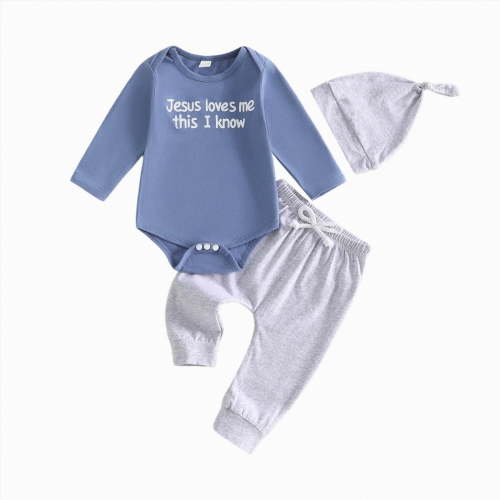 mgoYE Newborn Baby Boy Clothes Letter/Printed Romper Jumpsuits 0 3 6Month One Piece Infant Coming Home Outfit 2Pcs Clothing Set(Blue,0-3 Months)