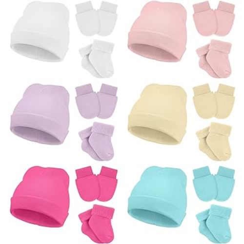 Toulite 6 Pack Preemie Newborn Hats Mittens and Socks Set Cotton Beanie Hats Socks and No Scratch Mittens