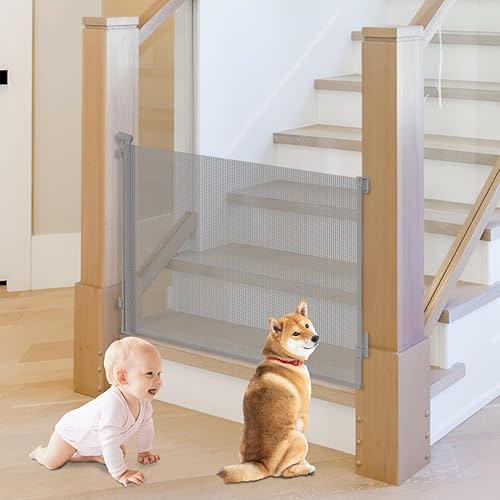 Retractable Baby Gate, Pet Gate for Stairs, Mesh Dog Gate for Doorways, Safety Locking Gates for Baby Indoor, Stair Gate for Outdoor, Hallways, Doorways (Grey, 70 inch)