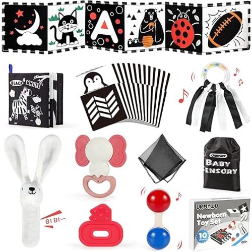 URMYWO Black and White Baby Toys, Tummy Time High Contrast Newborn Toys 0-3 Months, Soft Baby Book, Visual Stimulation Montessori Sensory Infant Toys 0-6-12 Months, Shower Gift for Boys Girls