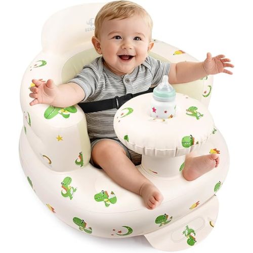 BEBOAN Inflatable Baby Seat with Tray for 3 Months Up Baby, Portable Upseat Baby Chair with Safety Strap for Sitting Up, Foldable Blow Up Infant Seat with Built-in Air Pump (Green Dinosaur)
