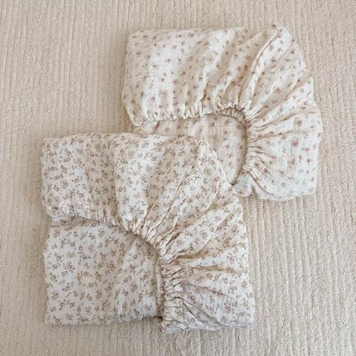 BuLuTu Cotton Muslin Baby Crib Sheets for Standard Crib and Toddler Mattress 52"x28", Chic Shabby Floral Print Boys Girls Fitted Sheets, 2 Pack, Soft Breathable, Camellia & Pink Floral