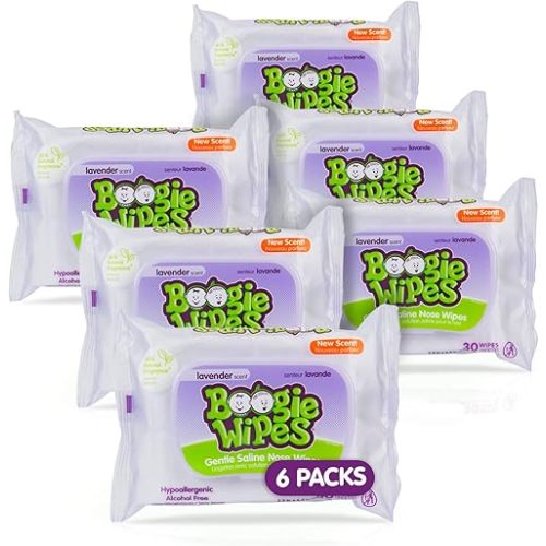 Baby Wipes by Boogie Wipes, Wet Wipes for Face, Hand, Body & Nose, Made with Vitamin E, Aloe, Chamomile and Natural Saline, Natural Lavender Scent, 30 Count, Pack of 6