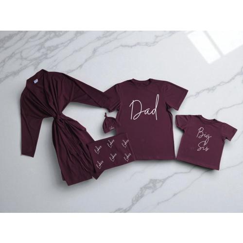 Matching Dad Big Bro Sis shirts with luxurious Maternity Robe Spa set with Personalized Swaddle & hat. Perfect boy girl coming home outfit.