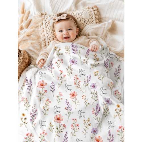 Personalized Wildflower Baby Blanket: Custom Name Floral Minky Sherpa Throw