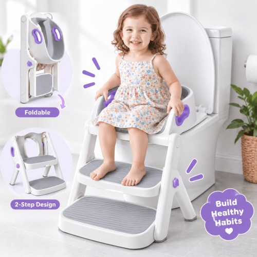 lalalark Potty Training Seat, 2-in-1 Toddler Toilet Seat with Steps, Upgrade Potty Step Stool for Toddler with Anti-Slip Pad Step Stool, Extended Splash Guard,Purple