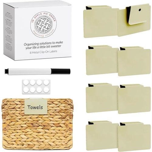 Labels for Storage Bins | Metal Storage Bin Clips (2.5” x 3.5”) - Set of 8 Basket Clip On Tags for Storage Bins w/Non-Slip Grip Pads & Dry Erase Marker - Removable Bin Labels for Storage Baskets