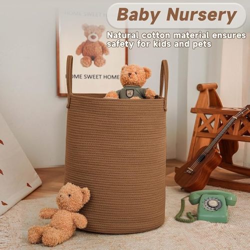 JMvicyroam 60L Cotton Rope Laundry Basket Hamper, Golden Jute | Collapsible Laundry Basket, Reinforced Handles, Freestanding, Machine Washable, Holds 3-5 Thick Blankets, Clothes or Toys