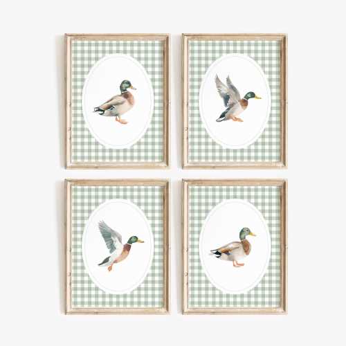 Vintage Duck Nursery Wall Art, Printable Mallard Duck Nursery Decor, Hunting Gallery Wall Prints, Sage Green Gingham, DIGITAL DOWNLOAD
