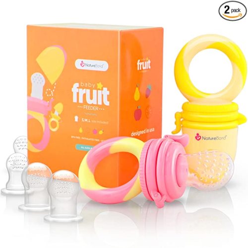 NatureBond Baby Food Feeder/Fruit Feeder Pacifier Nibbler (2 Pack) - Infant Teething Toy Teether Weaning in Appetizing Colors | + Additional Silicone Sacs