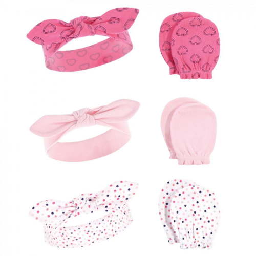 Hudson Baby Infant Girl Cotton Headband and Scratch Mitten 6pc Set, Navy Hearts, 0-6 Months