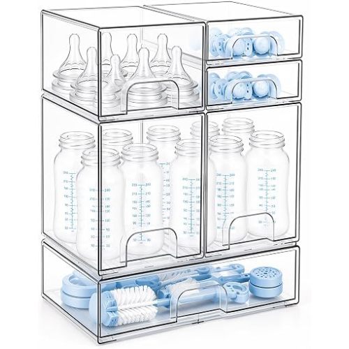 Clear Baby Bottle Organizer, 6-Piece Modular Stackable Acrylic Bins Set