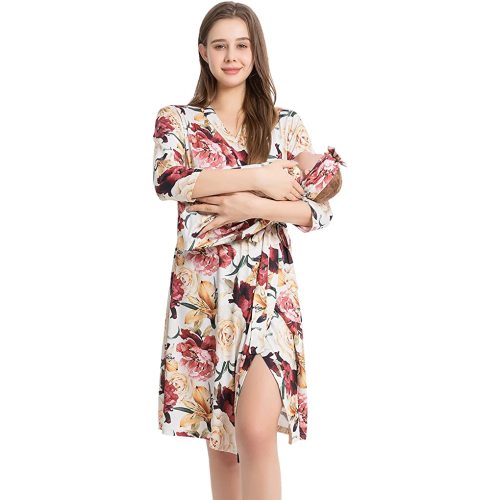 Galabloomer Maternity Robe and Baby Receiving Blanket, Matching Mommy Labor Delivery Robe and Swaddle Set Ivory Floral