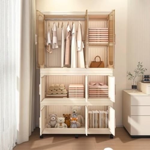 Portable Wardrobe Closet Storage Organizer - 9 Magnetic Doors, 9 Cubes & 1 Hanging Rod, Includes 6 Hangers