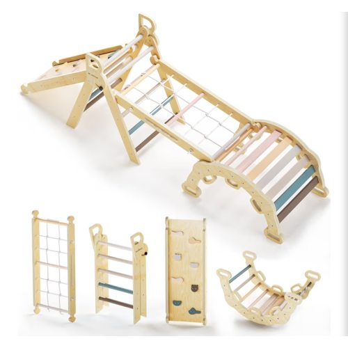 2025 8-in-1 Pikler Triangle Climbing Set Toddler Toys Indoor Baby Jungle Gym Climber Playground for Kids - Mauve Pink