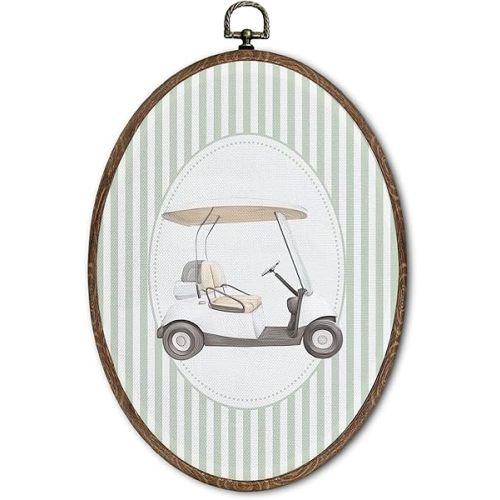 FLAWAFLOMA Vintage Golf Cart Nursery Oval Wall Art Decor, Kids Room Canvas Wall Art Framed, Retro Golf Hanging Decorations for Kids Toddler Boy Playroom Nursery Room Decor, 8.6x11.4 Inch