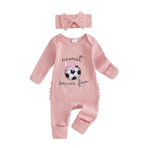 Baby Girls Fall Outfits Football/Soccer Letter Embroidery Long Sleeve Crewneck Jumpsuit and Headband Set Clothes