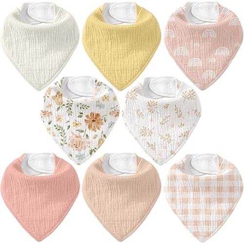 Muslin Baby Bibs 8 Pack, Baby Bandana Drool Bib for Drooling and Teething, Cotton Soft Absorbent for Girls Boys Serenity