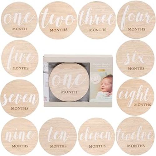 Kate & Milo Wooden Baby Monthly Milestone Discs, 12-Piece Double-Sided Month Markers with White Text for Newborn and Infant Photo Props
