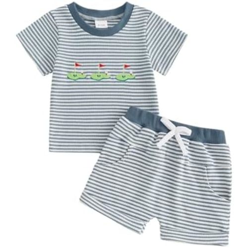 fhutpw Baby Toddler Boy Girl Summer Clothes Embroidery Stripe Short Sleeve T-shirt Tops + Shorts Sets Infant 2 Piece Outfits