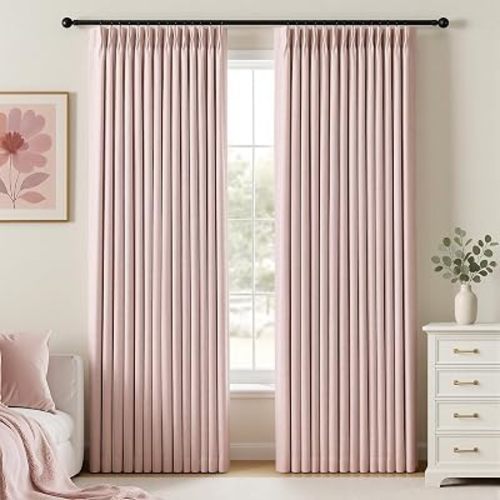 IVAPUPU Pink Pinch Pleated Full Blackout Linen Curtains 90 Inches Long