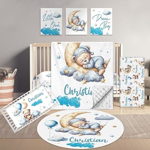 Personalized Baby Crib Set, 5 Pcs Custom Name Bedding for Girls Boys - Nursery Crib Sets, Soft Toddler Sets for Infant Customized Gifts, Blue Moon Bear