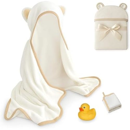Baby Hooded Towel with Bear Ears,Organic Bamboo Hooded Baby Towel Set,Ultra Soft & Absorbent, 27.5 x 39.37 Inches,Newborn Infant & Toddler Bath Towel, Includes Washcloth & Bath Toy