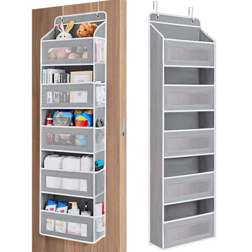 QCQHDU Over The Door Organizer Storage, 5 Shelf Hanging Door Organizer with 5 Large Capacity Pockets, Anti Tilt 44 lb Load Behind Door Storage for Bedroom, Bathroom, Pantry, Nursery, (Grey)