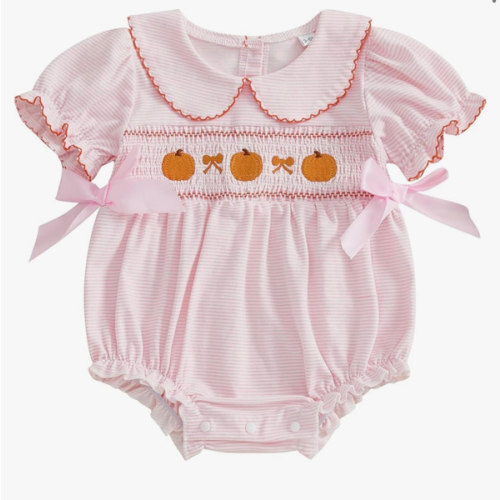 Adobabirl My First Halloween Baby Girl Outfit Ghost Embroidery Bubble Romper Short Sleeve Bow Jumpsuit Smocked Clothes