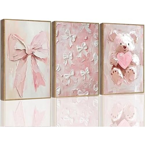 3Pcs Pink Teddy Bear Canvas Wall Art Coquette Bow Poster Print Cute Animal Wall Decor Pink Nursery Picture Painting for Baby Girl And Kids Bedroom Home Decorations 12 * 16 poster