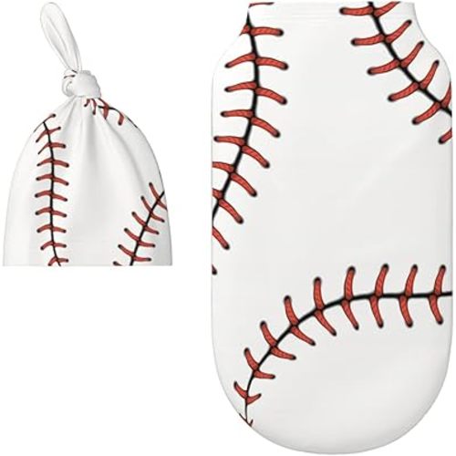 Sport Baseball Lace Pattern Baby Newborn Swaddle Blanket with Beanie Hat Set, 100% Cotton Receiving Blankets Sleep Sack for Boy & Girl Newborn Shower Gift