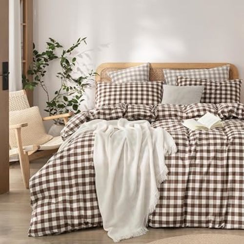 BESTOUCH Gingham Cotton Duvet Cover Set Cocoa Brown Oversized Full