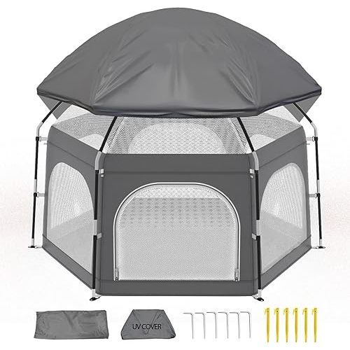 Baby Playpen with Canopy, Portable Outdoor & Indoor Baby Beach Tent for Babies and Toddlers, Foldable Play Yard with Mosquito Net, Travel Play Yard Includes Sand Stakes & Carry Bag