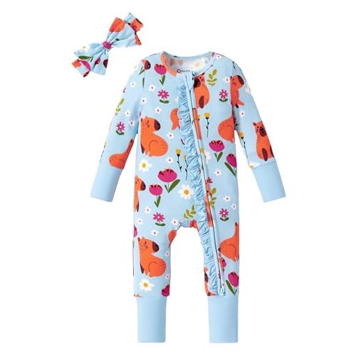 PATPAT Baby Girl Boy Clothes Newborn Infant Footie – Soft Viscose from Bamboo– 2-Way Zipper, Fold-Over Mitten, Ruffle Trim