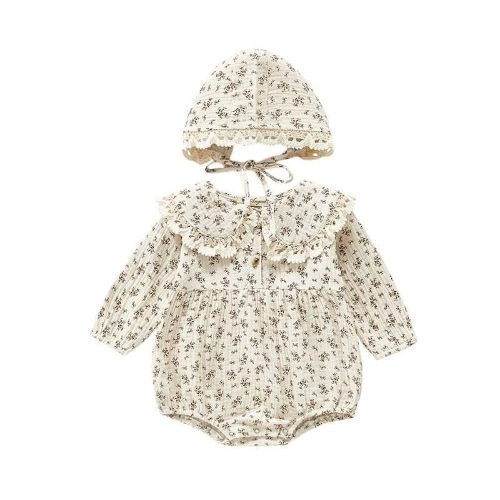 Kids Clothes Spring Autumn Korean Version Girl Floral Wrap Bottom Infant Set Doll Collar Romper Thin + Hat